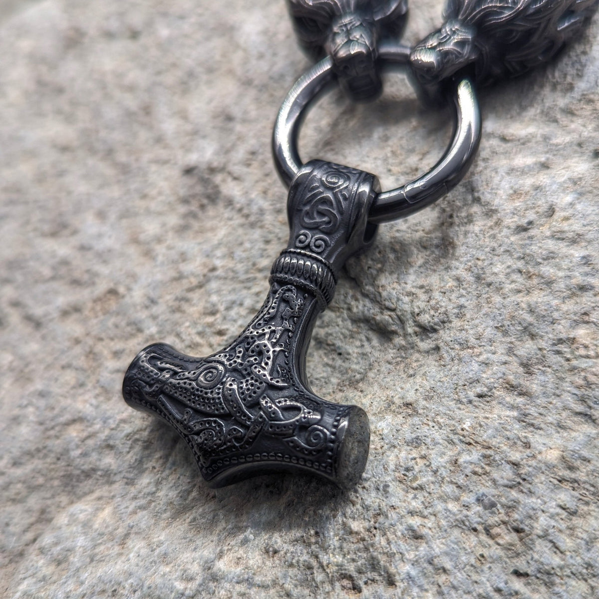 Wolf God Chain w/ Mjolnir (Black) - Pendant - Horns of Odin