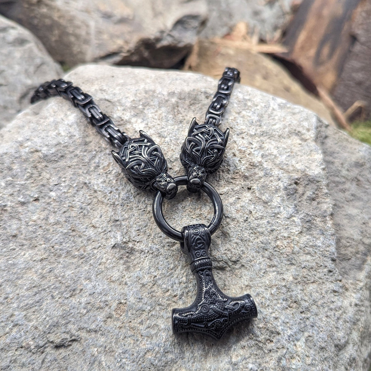 Wolf God Chain w/ Mjolnir (Black) - Pendant - Horns of Odin