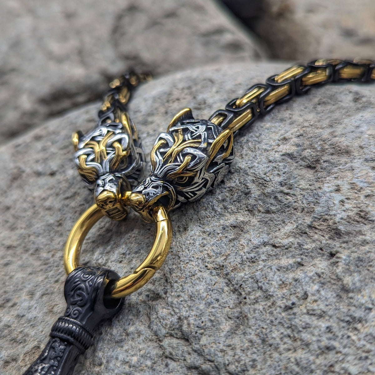 Wolf God Chain w/ Mjolnir (Black + Gold) - Pendant - Horns of Odin