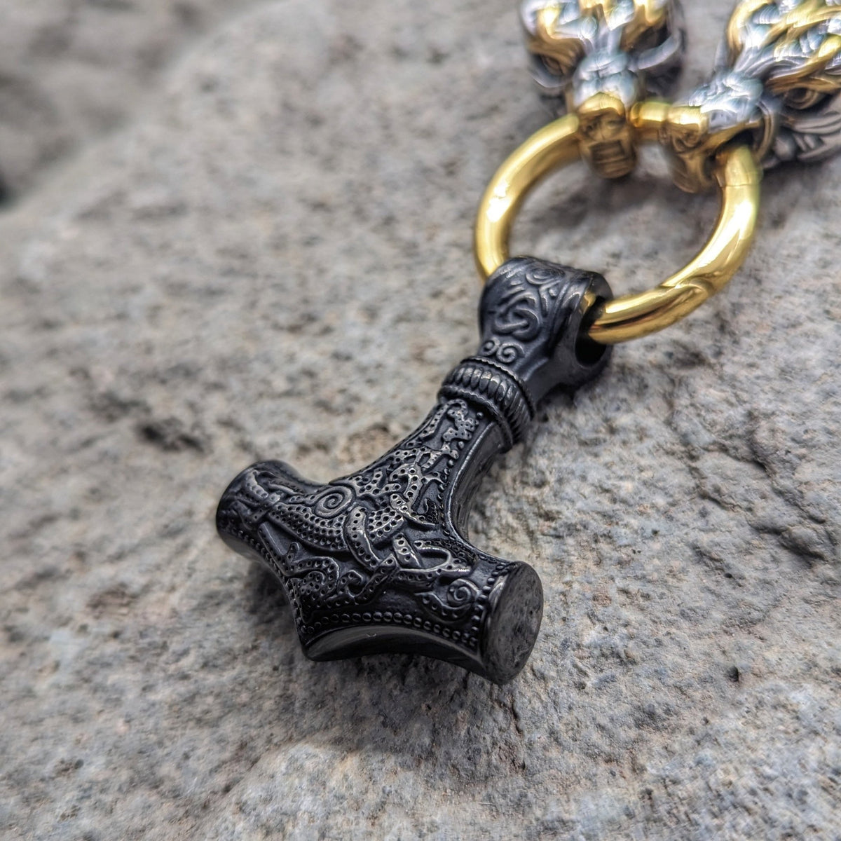 Wolf God Chain w/ Mjolnir (Black + Gold) - Pendant - Horns of Odin