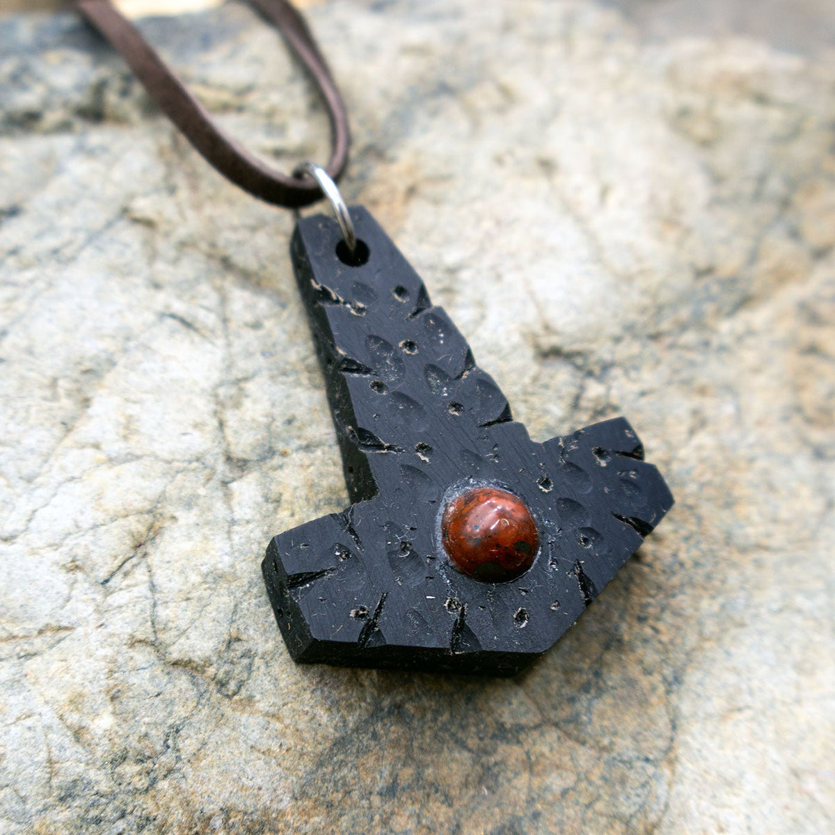 Battle Worn Buffalo Horn with Gemstone Mjölnir Pendant - Pendant - Horns of Odin