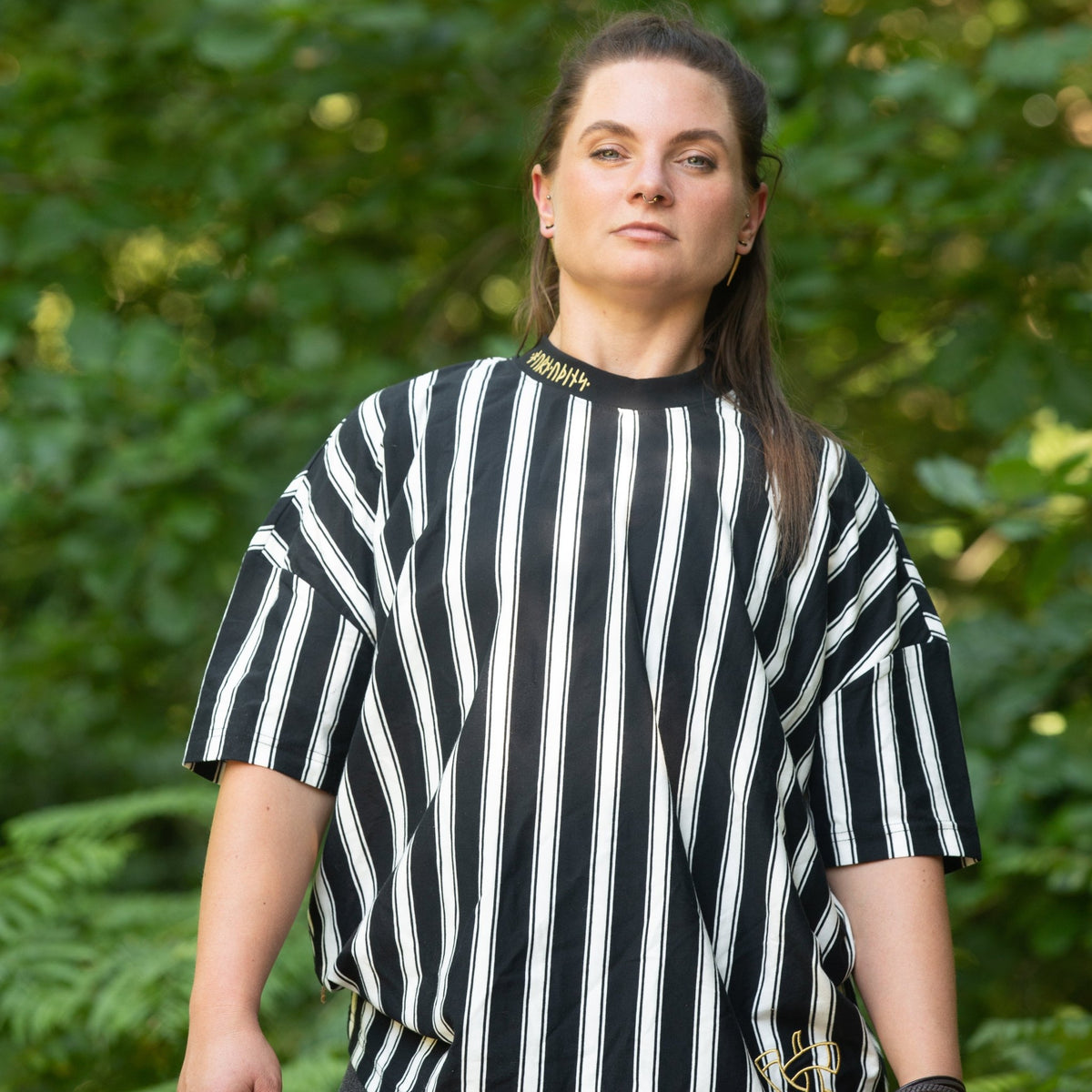 Embroidered Runic Tee (Stripe) - Oversized Tee - Horns of Odin