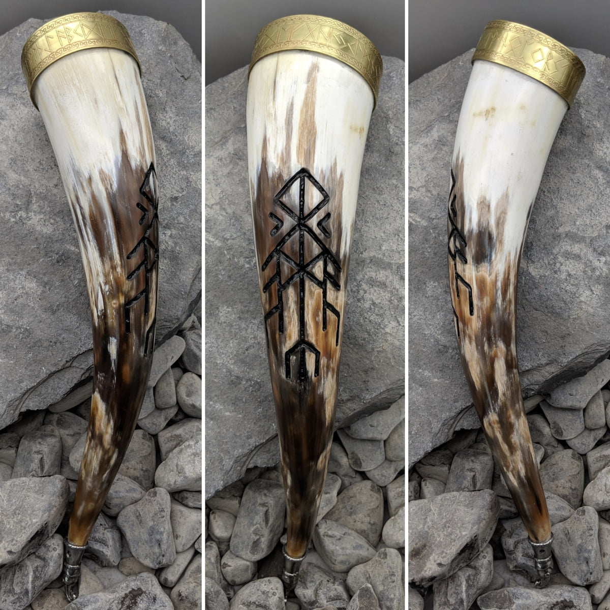 Bind Rune w/ brass rim drinking horn, Rune band brass rim and Horns of Odin Bind Rune design, Pewter Horn Finial