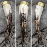 Bind Rune w/ brass rim drinking horn, Rune band brass rim and Horns of Odin Bind Rune design, Pewter Horn Finial
