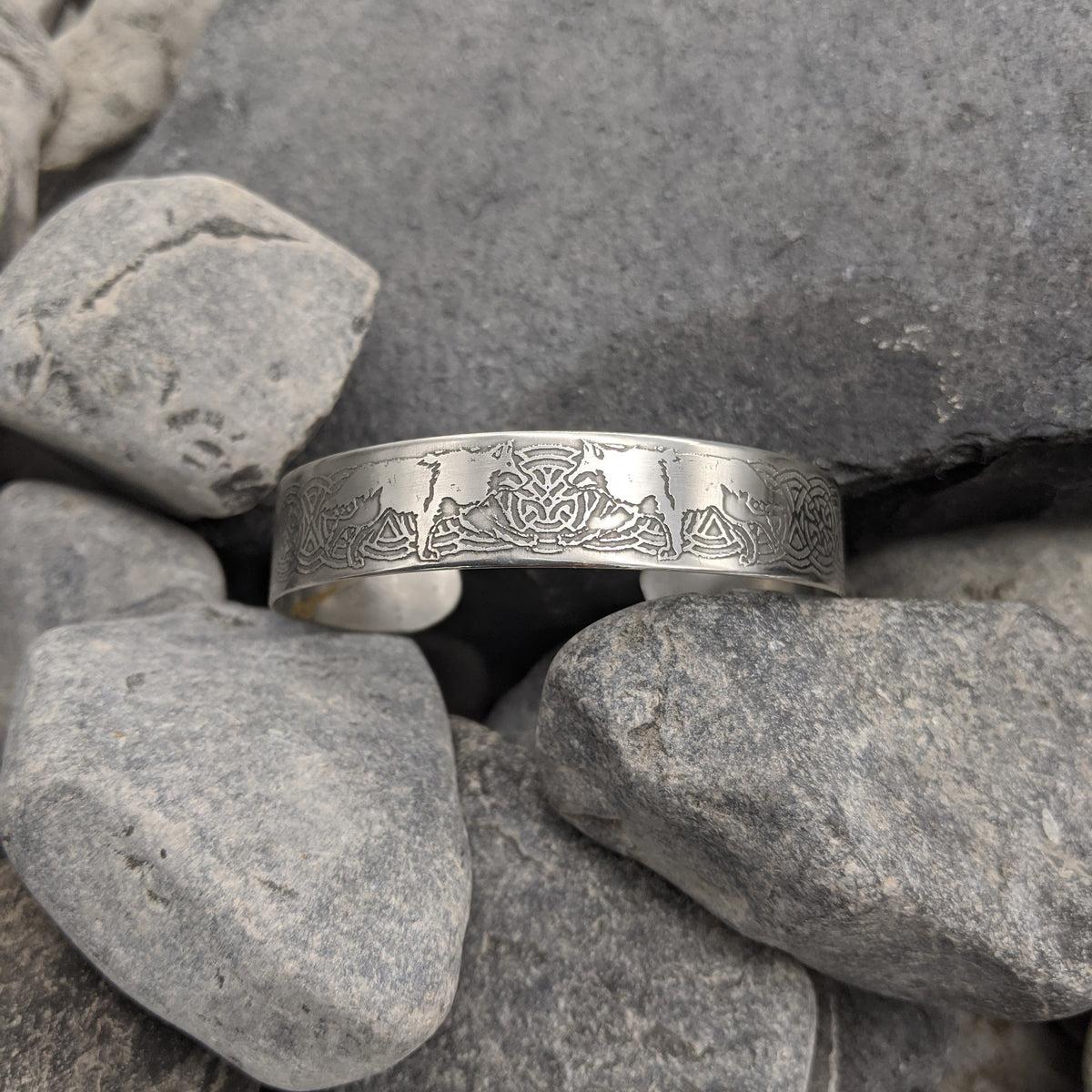 Geri and Freki Cuff- Handmade steel cuff with double wolf design