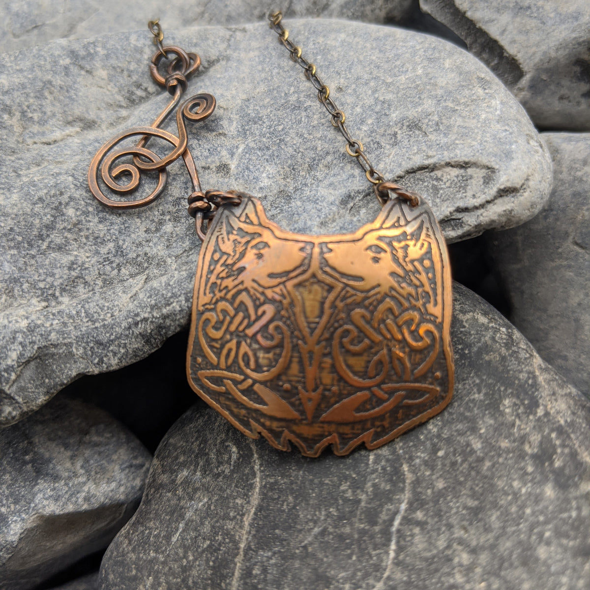Geri and Freki Pendant- Copper double wolf pendant