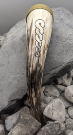 Brass rim and braid drinking horn, Carved Drinking horn with plain brass rim