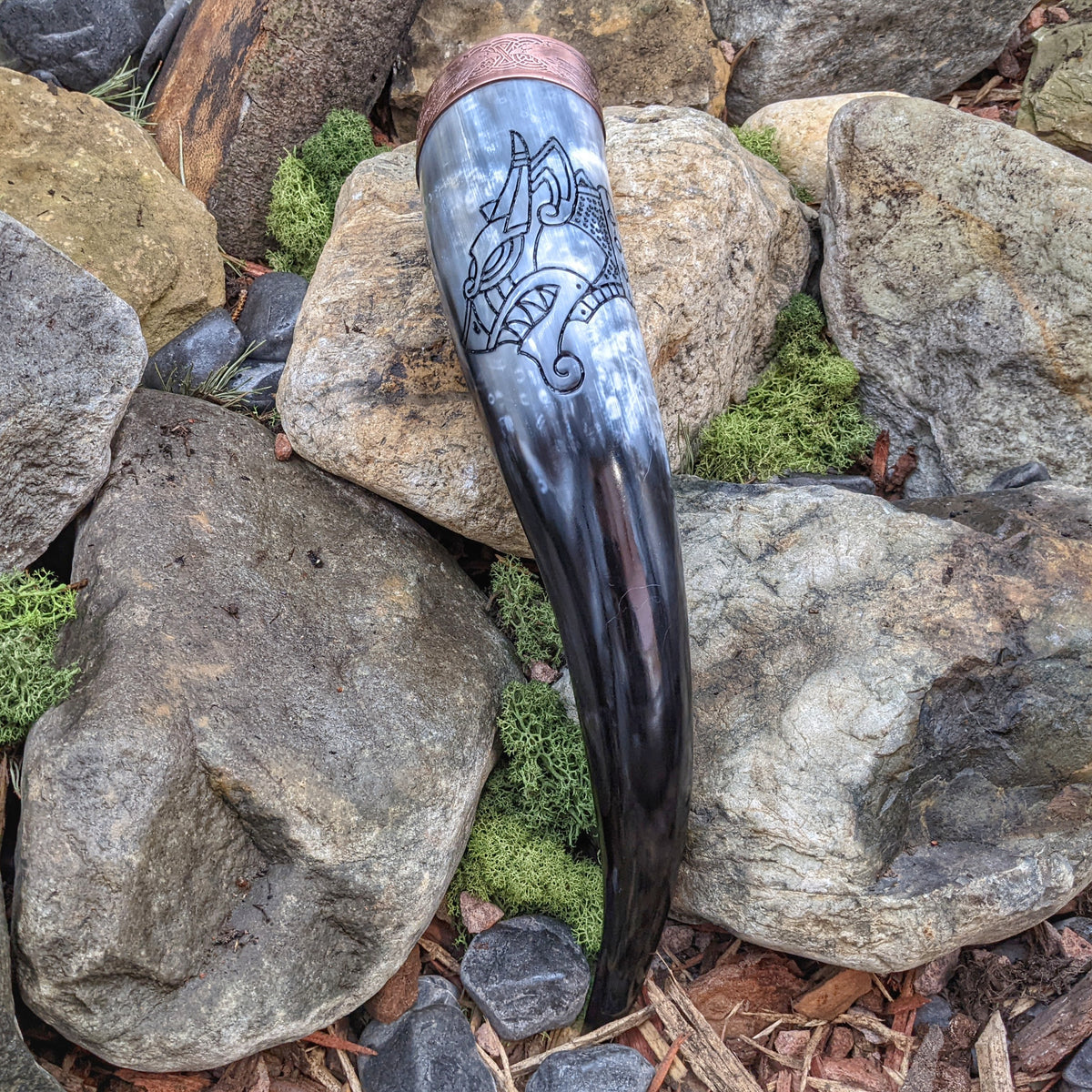 Dragon Drinking Horn, Authentic cow horn hand-carved with a Norse Dragon design, featuring copper raven rim