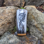 Dragon Mug, Cow horn mug hand-carved with Dragon design, solid Oak base