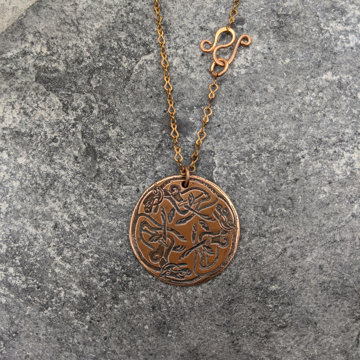 Freyja's Cat Pendant- Round copper pendant with Norse cat design