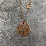 Freyja's Cat Pendant- Round copper pendant with Norse cat design