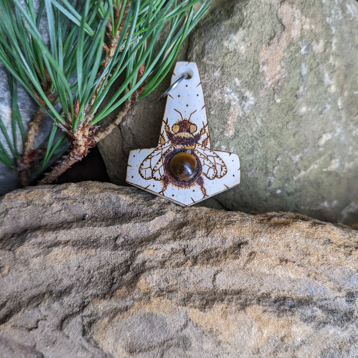 Buffalo bone Bee Mjölnir pendant with Tigers Eye Gemstone,