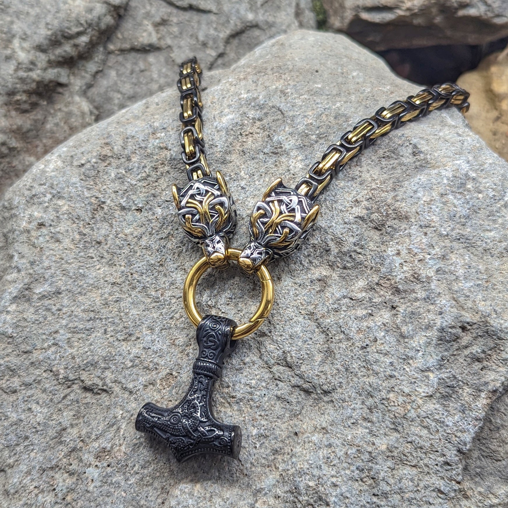 Wolf God Chain w/ Mjolnir (Black + Gold) – Horns of Odin