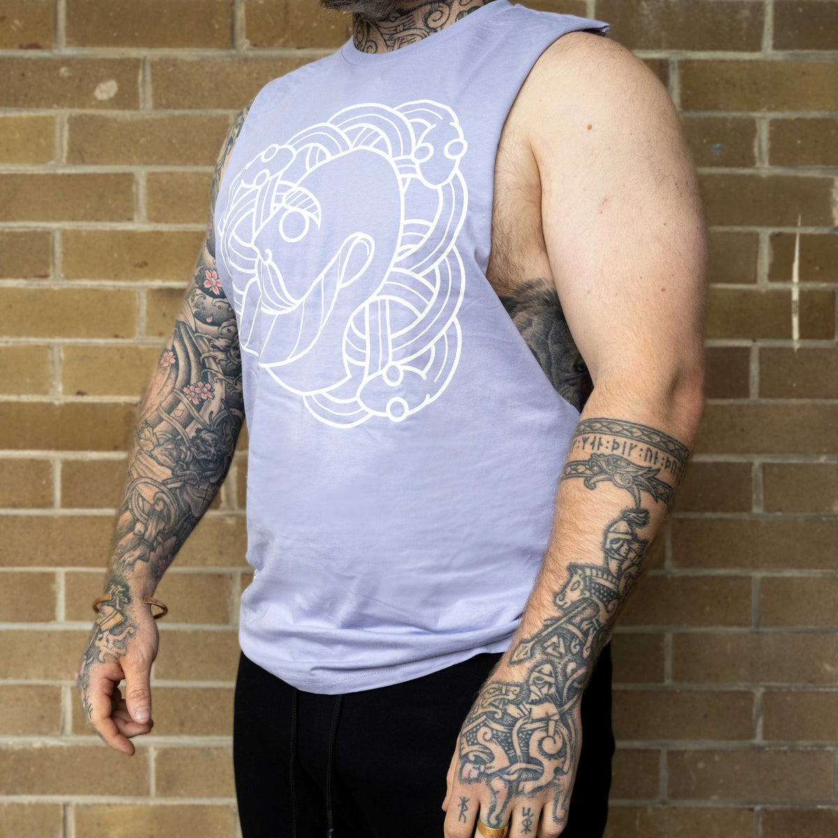 Ragnar and The Snakepit Sleeveless Tee(Lavender with White Print)