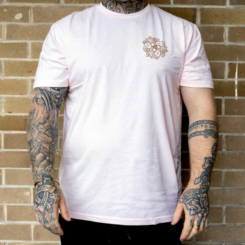 Small Horns of Odin Logo Tee  (Pale Pink with Gold Print)