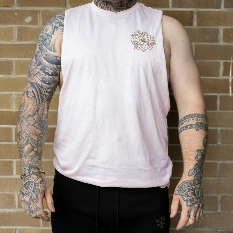 Small Horns of Odin Logo Sleeveless Tee  (Pale Pink with Gold Logo)