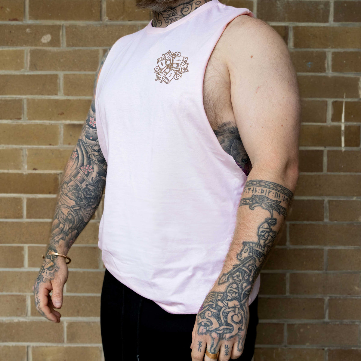 Small Horns of Odin Logo Sleeveless Tee(Pale Pink with Gold Logo)