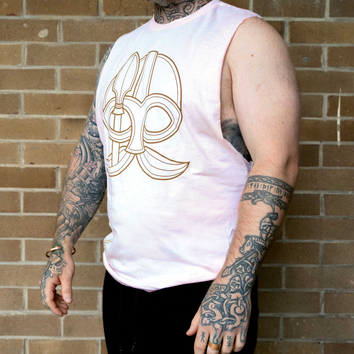 Odin and Gungnir Sleeveless Tee (Pale pink with Gold Print)
