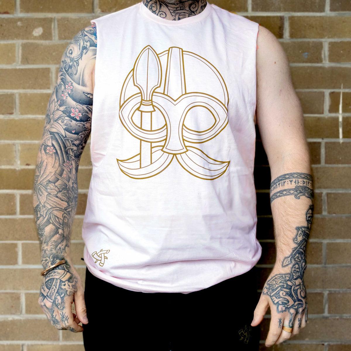 Odin and Gungnir Sleeveless Tee (Pale pink with Gold Print)