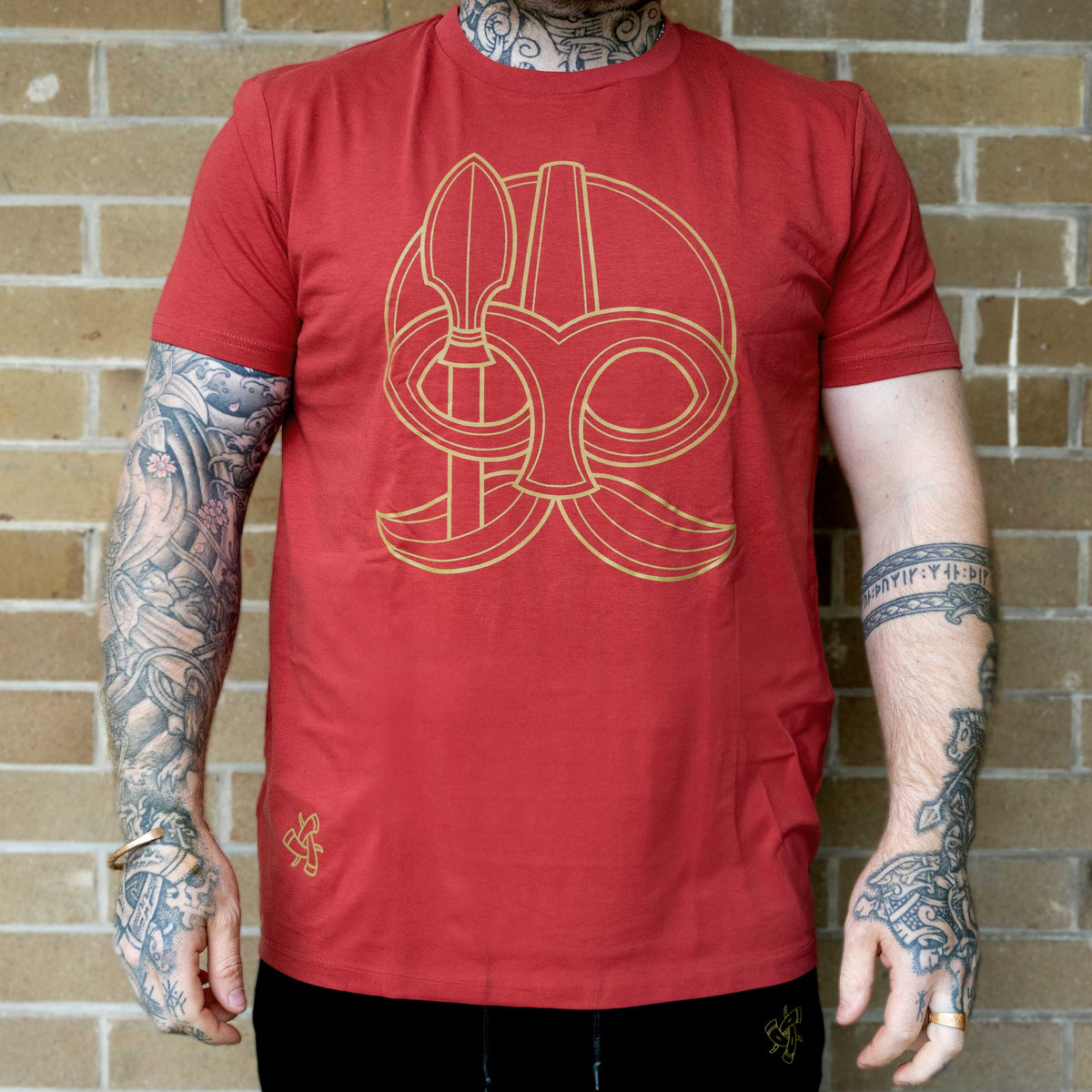 Odin and Gungnir Tee (Red with Gold Print)