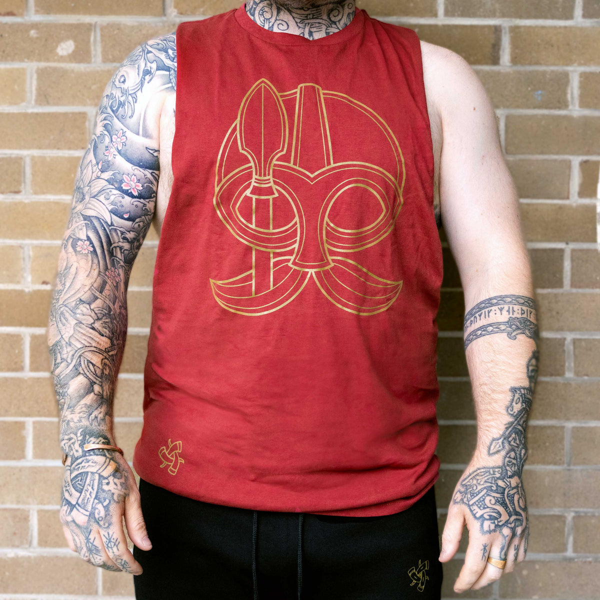 Odin and Gungnir Sleeveless Tee (Red with Gold Print)