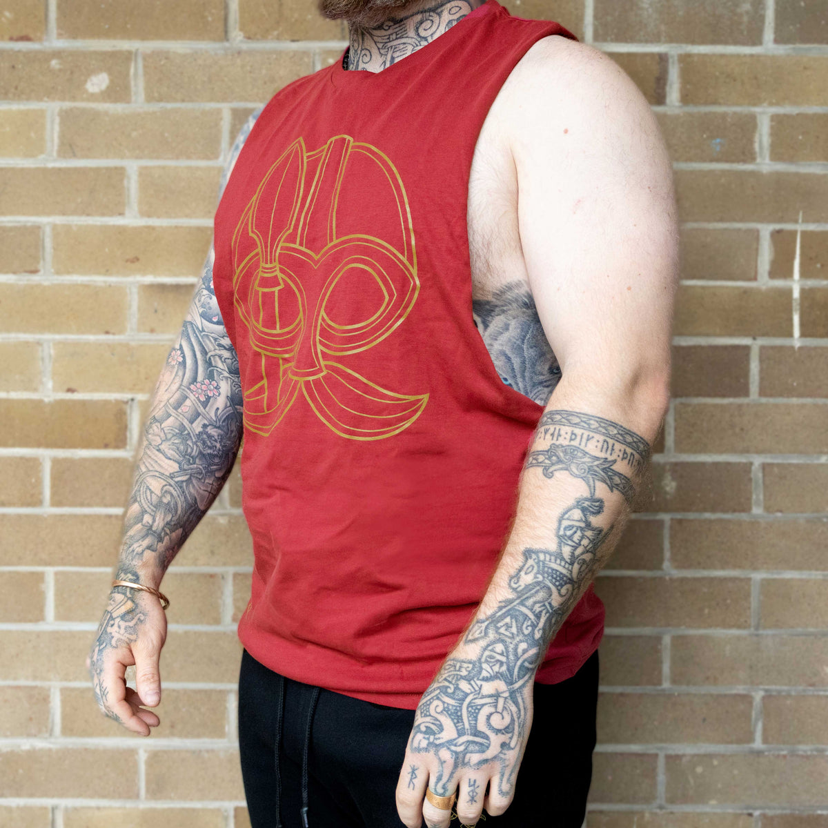 Odin and Gungnir Sleeveless Tee (Red with Gold Print)