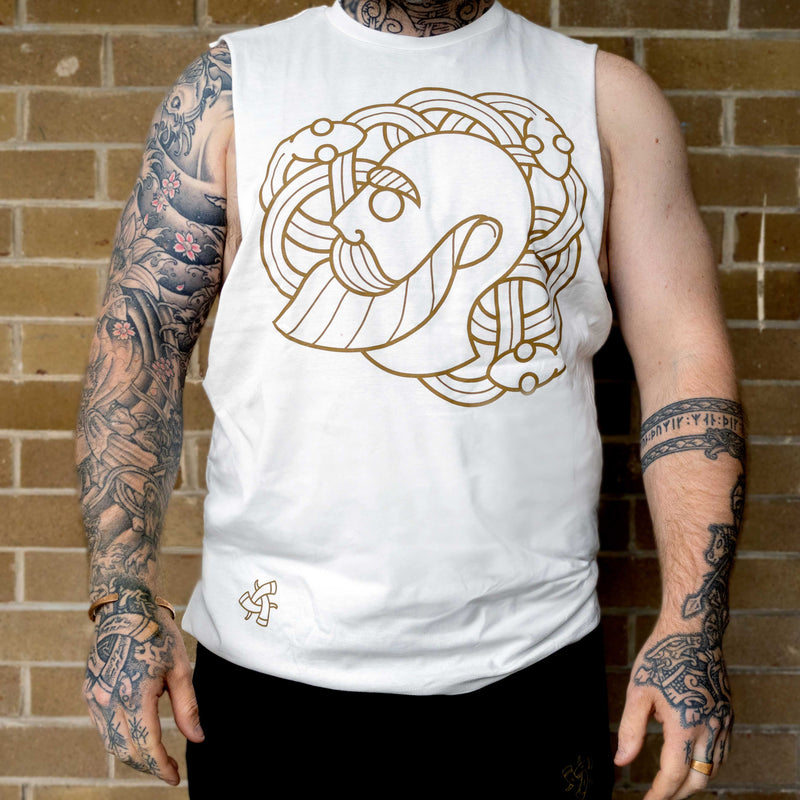 Ragnar and The Snakepit Sleeveless Tee (White with Gold Print)