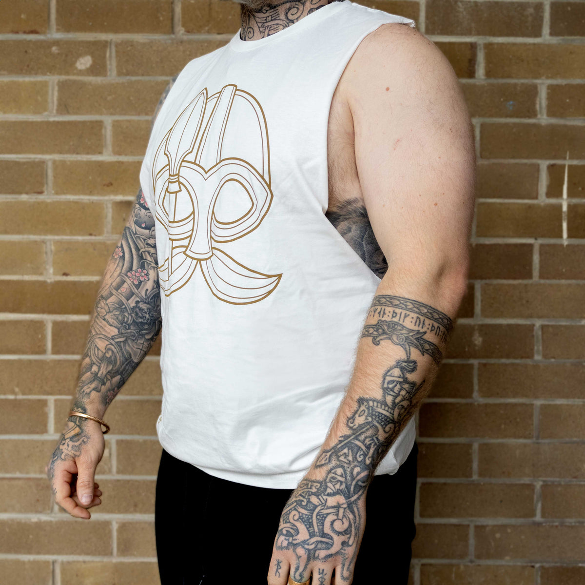 Odin and Gungnir Sleeveless Tee (White with Gold Print)