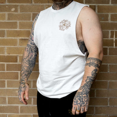 Small Horns of Odin Logo Sleeveless Tee (White with Gold Print)