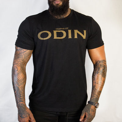 Black unisex T-shirt with "Horns of Odin" in Gold 