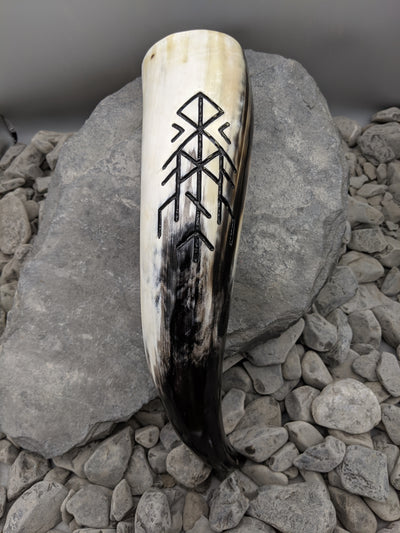 Horns of Odin Bind Rune drinking horn, Horns of Odin Bind Rune Design Hand-Carved onto cow horn and inked with black ink 