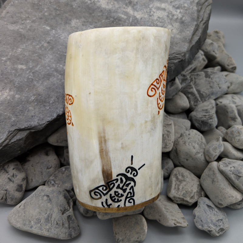 Handmade bee mug, cow horn mug with carved black and gold bee design, solid oak base