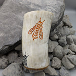 Handmade bee mug, cow horn mug with carved black and gold bee design, solid oak base