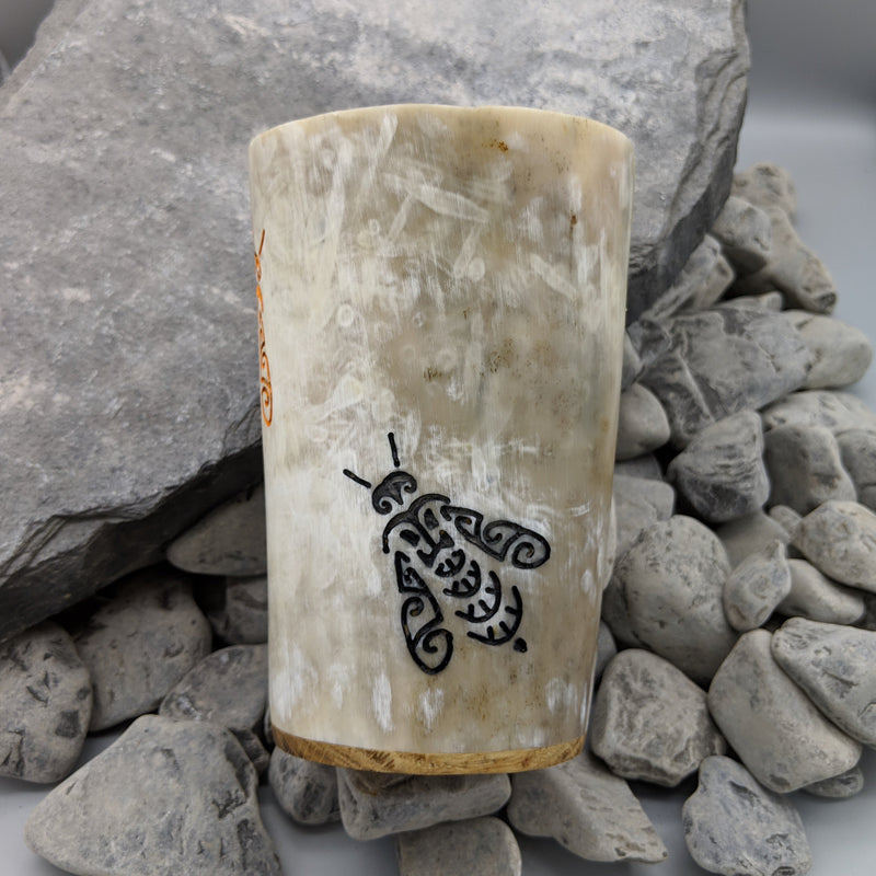 Handmade bee mug, cow horn mug with carved black and gold bee design, solid oak base