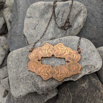 Handmade Dragon Pendant, Copper pendant hand cut into a four dragon design 