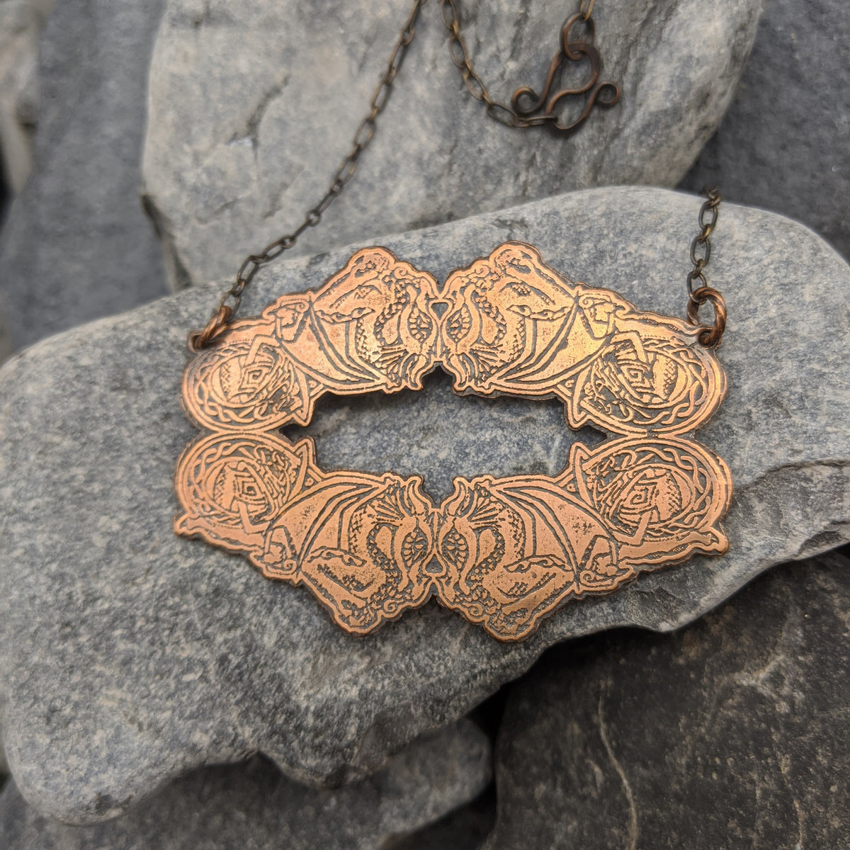 Handmade Dragon Pendant, Copper pendant hand cut into a four dragon design