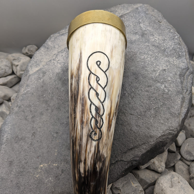 Brass rim and braid drinking horn, Carved Drinking horn with plain brass rim