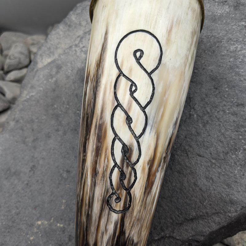 Brass rim and braid drinking horn, Carved Drinking horn with plain brass rim, Ancient Braid Carving