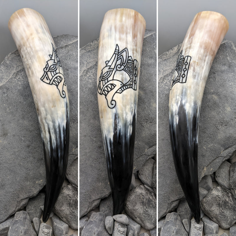 Dragon Drinking Horn, Authentic cow horn hand-carved with a Norse Dragon design