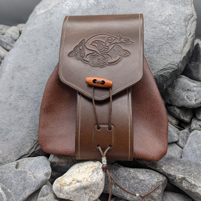 Dark Brown Vegetable tan dark brown leather bag with Norse Cat design