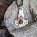 Buffalo bone Bee Mjölnir pendant with Tigers Eye Gemstone on black leather thong 