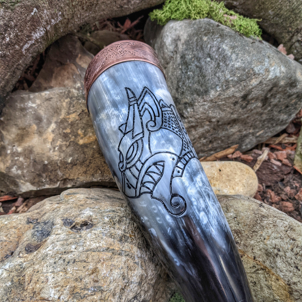 Dragon Drinking Horn, Authentic cow horn hand-carved with a Norse Dragon design, featuring copper raven rim