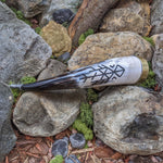 Bind Rune w/ brass rim drinking horn, Rune band brass rim and Horns of Odin Bind Rune design, Pewter Horn Finial