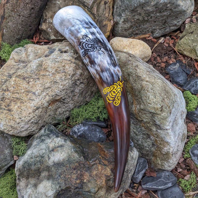Handmade Bee Drinking Horn, Black and Gold Bee design, hand-carved into genuine cow horn