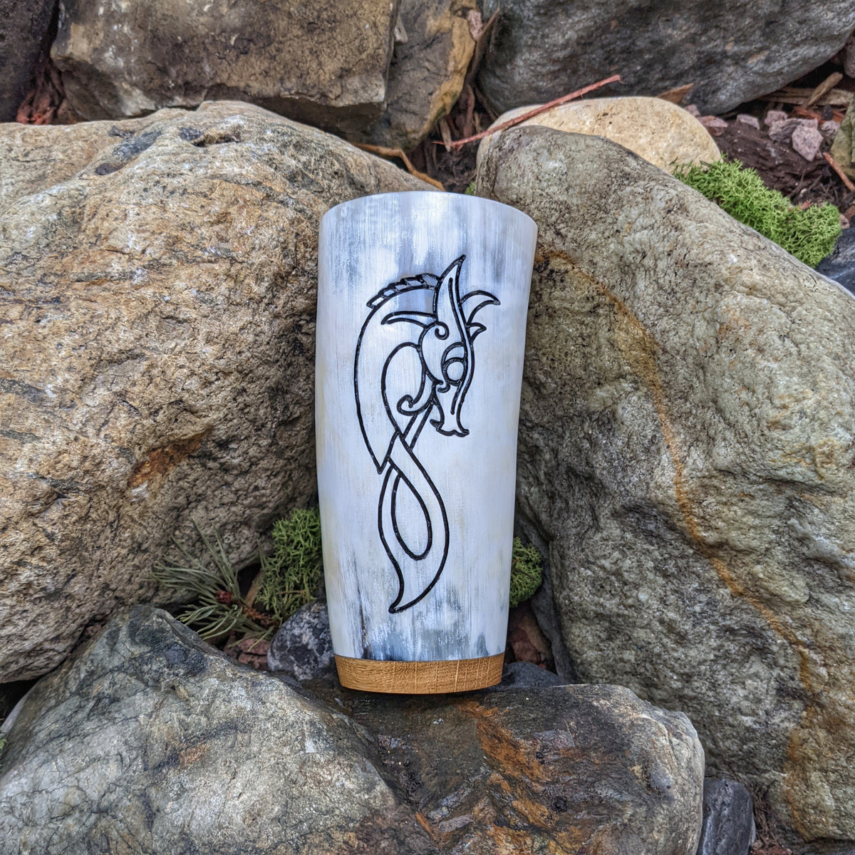 Dragon Mug, Cow horn mug hand-carved with Dragon design, solid Oak base 