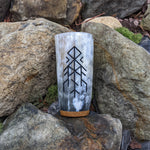 Horns of Odin Bind Rune cow horn mug, solid oak base