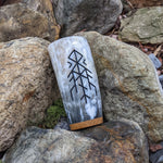 Horns of Odin Bind Rune cow horn mug, solid oak base