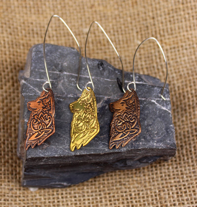 Geri and Freki earrings- Copper and Brass Single Wolf drop earrings 