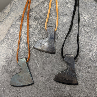 Handmade Steel, Bearded axe head pendant, Black/Tan/Dark Brown Leather Thong 