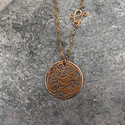 Freyja's Cat Pendant- Round copper pendant with Norse cat design 